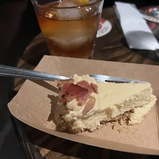 Pie and cocktail event - bourbon salted caramel cheesecake with candied bacon and pretzel crust.  Bourbon cocktail.