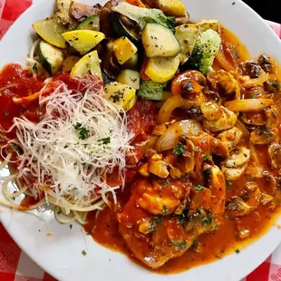 Chicken Marsala with Spaghetti Marinara and vegetables