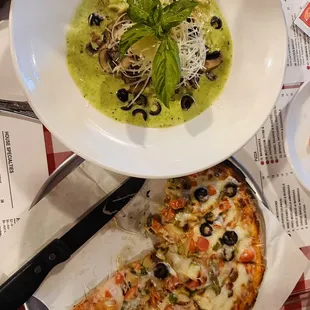 Creamy pesto with penne, olives and mushrooms and a slightly customised vegetarian pizza!