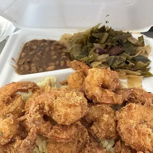 Karod&apos;s fried shrimp, comes with rice pilaf and two sides. I had greens and black eyed peas.
