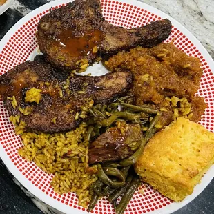 Caprice&apos;s Golden Fried Pork Chops, Southern Style Green Beans, sweet potato casserole.