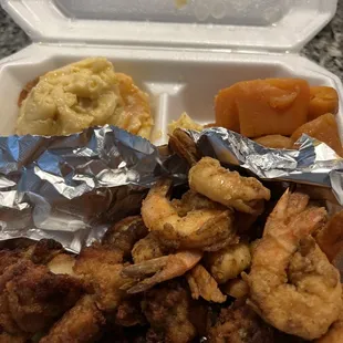 Shrimp and Oyster with a side of mac n cheese and yams