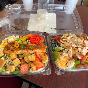 House Standard Size Salads With Lots Of Toppers. The Protein On One Was Salmon &amp; The Other Was Chicken.