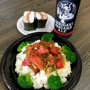Poke Bowl served on Friday and Saturdays!!  Adding a Beer and Spam Musubi make the meal better.