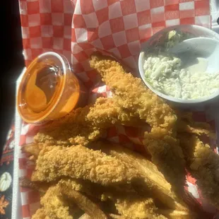 Chicken Strips, hand cut fries and coleslaw