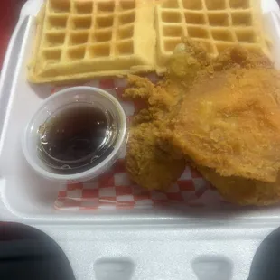 Chicken and waffles with maple syrup!