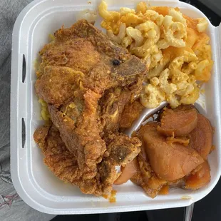 a meal in a styrofoam container