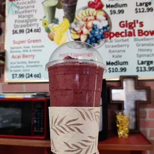 Acai Berry Smoothie - with banana, apple juice, strawberry, and blueberry! Excellent!