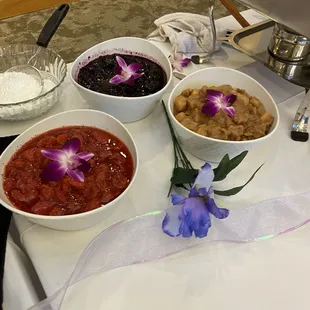 Blintzes fruit toppings. Traditional is Strawberries. 
We added Blueberries and Apples