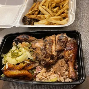 Jerk chicken plate and Jerk Wings w/ Fries