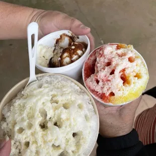 Bottom: Medium Haupia Delight, Top: Ice Cream Sundae, Right: Small Strawberry &amp; Banana Shave Ice with condensed milk