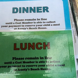 Lunch and dinner reservations fill up fast  Get these tickets by being in line at 7:30am  Good to get here by 7 to assure all activities