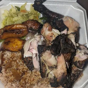 Rice &amp; peas, cabbage, plantains with jerk chicken