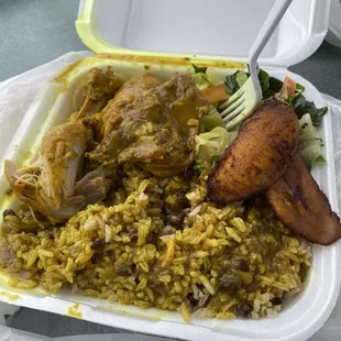 Curry Chicken Rice and Peas Cabbage  Plantains