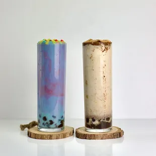 Left - "Trix iz for Kidz" (Strawberry Puree, Vanilla Milk, Butterfly Peaflower Tea); Right - "Cinnamunch Toast Milk"