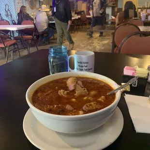 Menudo and coffee - note the cowboy with shades