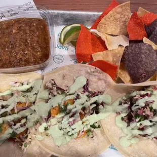 Tiny shrimp under that sauce, only 3 nickel size shrimp per taco, not worth it