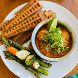 Chicken tikka masala and sweet potato waffles