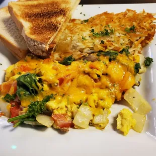 Veggie scramble with hashbrown and white toast