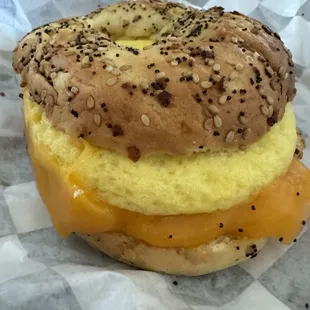 Sausage egg and cheese on an everything bagel