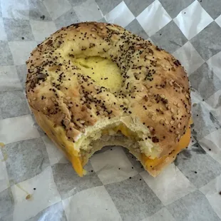 Sausage egg and cheese on an everything bagel