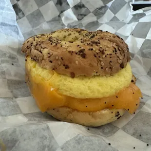 Sausage egg and cheese on an everything bagel