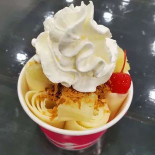 an ice cream sundae with whipped cream and cherries