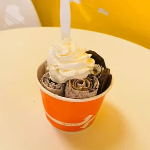 Oreo cookie with mint chip cookie, caramel drizzle and whipped cream