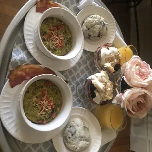 Quiche Breakfast  Bacon  Scone  Orange juice  Fruit creamy cup thingy