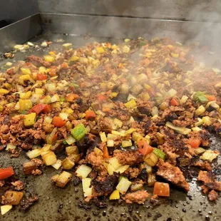 Chorizo hash on the flat top