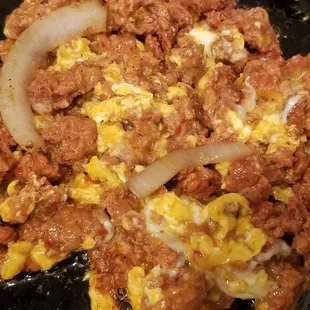 Chorizo Picoso ($4.50/pound) with eggs and onions. This is the best chorizo I&apos;ve ever had! 6/24/2021