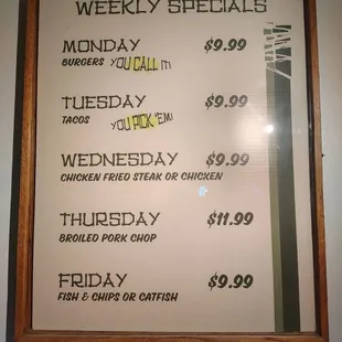 Weekly Specials Menu