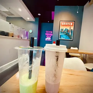 We got the honeydew smoothie and the taro marble with boba!