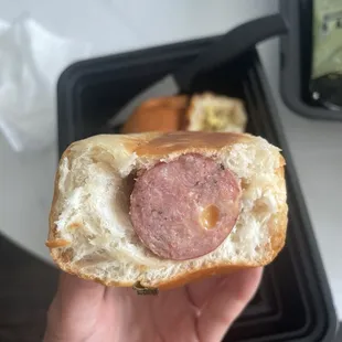 Inside view of Sausage, cheese, jalapeño Klobasneks