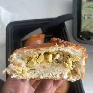Inside view of sausage, egg, cheese kolache