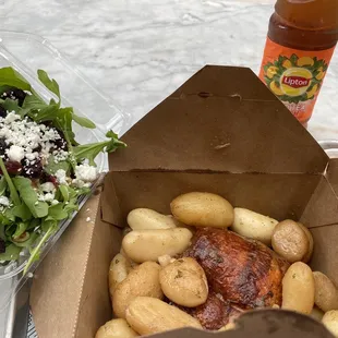 Rotisserie chicken with peach iced tea