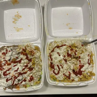 Combo over rice (left), chicken shawarma over rice (right)