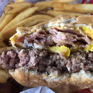 Cutaway of the Farmer&apos;s Burger - Virginia ham, egg, and American cheese