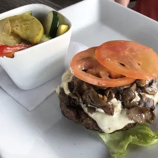 Swiss Boomer burger without the bun, with sautéed vegetables