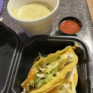 Taco Tuesday $2.50 tacos. Beef Taco(s) Crispy Shell And Queso Blanco Dip