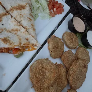 Fried Pickles and Chicken Quesadilla