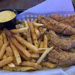 Chicken fingers and fresh cut fries with honey mustard dipping sauce