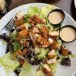 Mixed green salad with fried chicken and chipotle ranch dressing