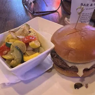 Mushroom Swiss burger and mixed vegetables
