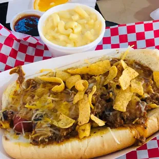 Chili Cheese Dog of the Frito Lay persuasion with a side of the perfection which is MacNCheese.