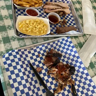 3 Meat Plate with 2 Sides. Brisket, pulled pork, Turkey.