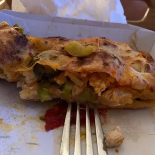 custom Extra chicken, extra mozzarella, extra cheddar, extra green peppers, pickled Jalapeños calzone.