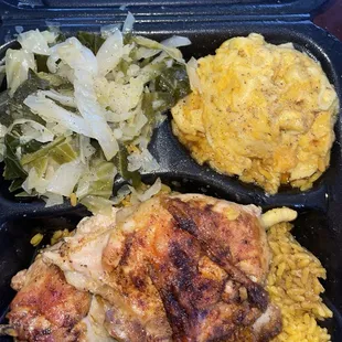 a meal in a styrofoam container