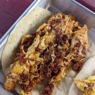 Chorizo and egg on flour