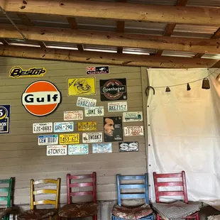 chairs and signs on the wall